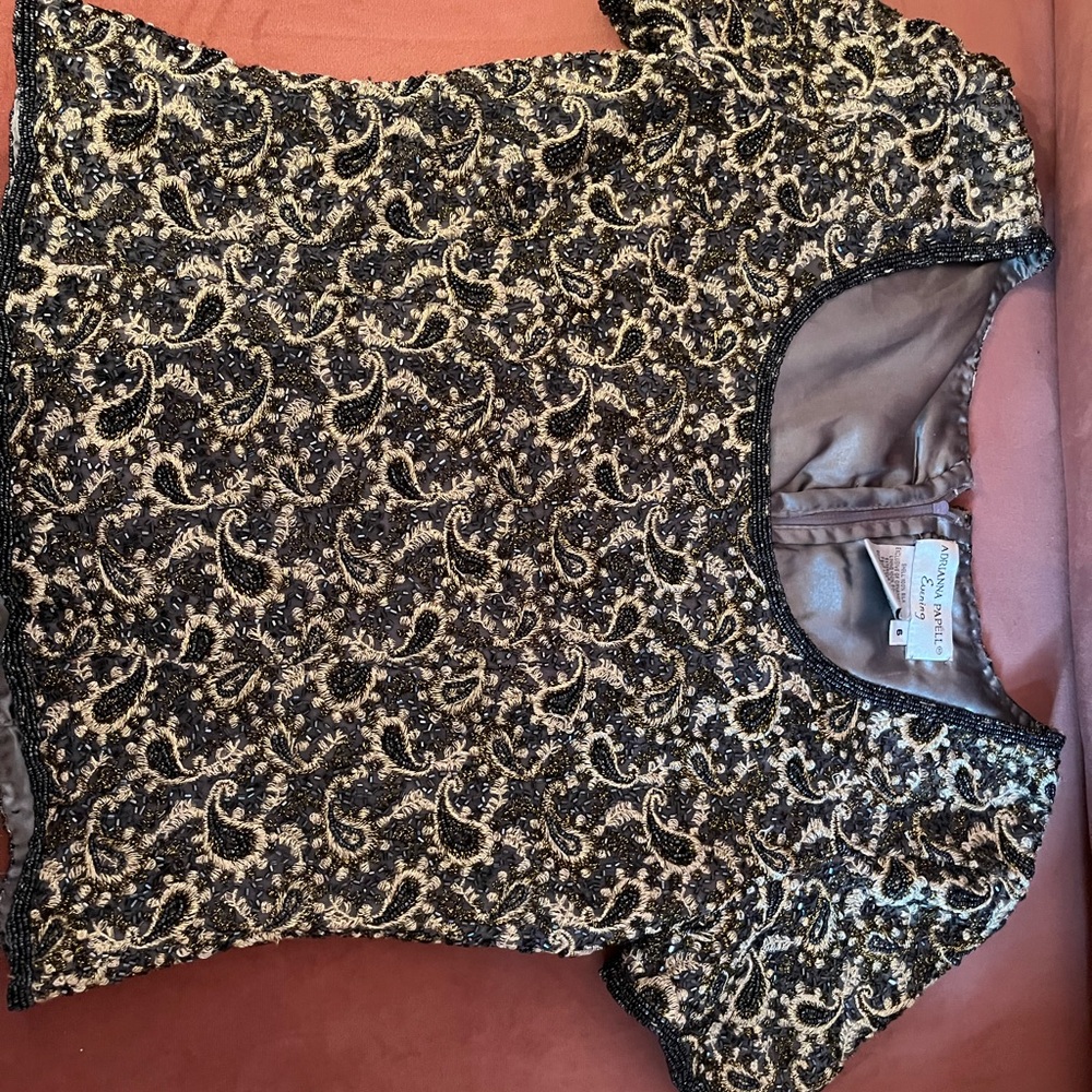 Adrianna Papell Black and Cream beaded Paisley Blouse